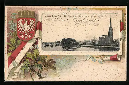 Passepartout-Lithographie Frankfurt-Sachsenhausen, Blick vom Main zur Kirche, Stadt-Wappen