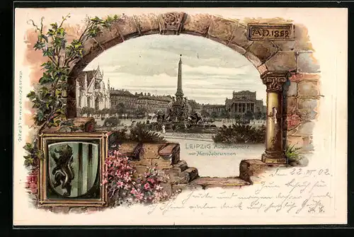 Passepartout-Lithographie Leipzig, Augustusplatz mit Mendebrunnen, Wappen