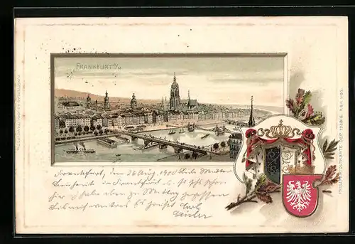 Passepartout-Lithographie Frankfurt a. M., Panoramablick auf die Stadt, Wappen