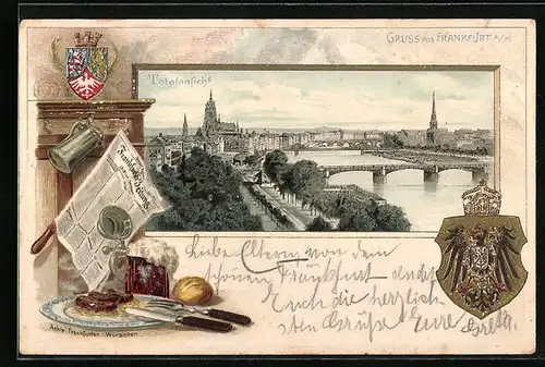 Passepartout-Lithographie Frankfurt a. M., Panorama mit Brücken über den Main, Wappen