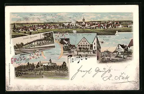 Lithographie Pleinfeld, Totalansicht, Bahnhof-Restauration, Marktplatz