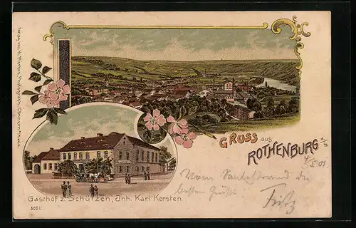 Lithographie Rothenburg /Saale, Gesamtansicht und Gasthof zum Schützen