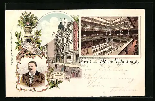 Lithographie Würzburg, Gaststätte Odeon, Portrait des Besitzers Hans Hammerbacher