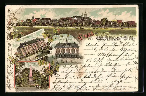 Lithographie Windsheim, Ortspanorama, Pfarrtöchterheim, Rathaus
