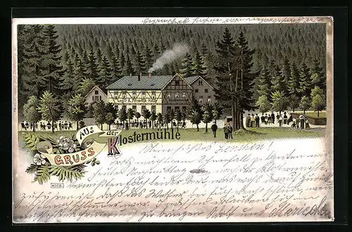 Lithographie Waltershausen, Gasthof Klostermühle mit Besuchern und Waldblick