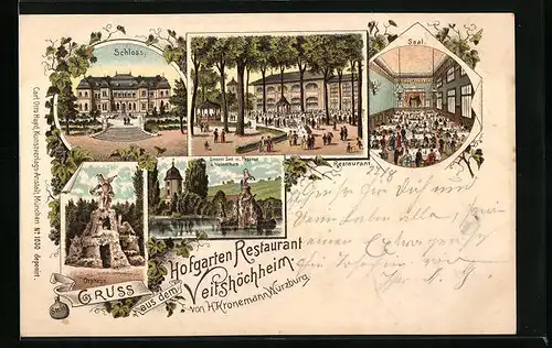 Lithographie Veitshöchheim, Hofgarten-Restaurant, Schloss, Seepartie