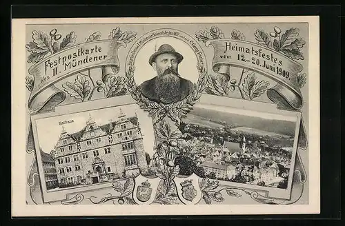 Passepartout-AK Münden, Festpostkarte Heimatfest 1909 - Rathaus, Ortsansicht, Wappen