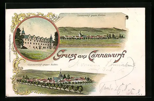 Lithographie Cannawurf, Ortsansichten gegen Norden und Süden, Schloss