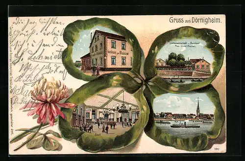 Passepartout-Lithographie Dörnigheim, Gasthaus zur Mainlust und Flusspartie im Kleeblatt