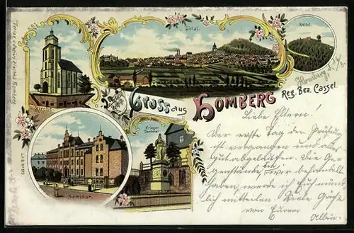 Lithographie Homberg, Totalansicht, Seminar, Kriegerdenkmal
