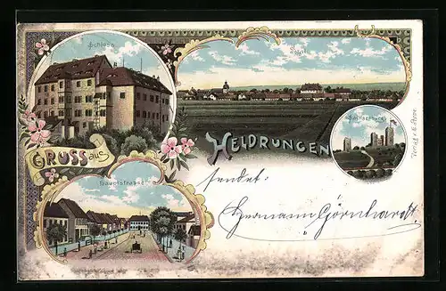 Lithographie Heldrungen, Ortsansicht, Schloss, Sachsenburg und Partie in der Hauptstrasse