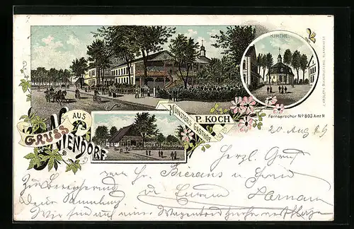 Lithographie Niendorf, Münsters Gasthof P. Koch und Kirche