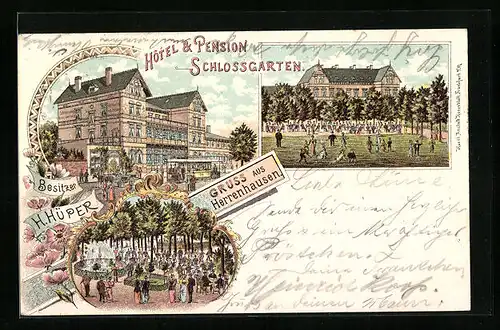 Lithographie Herrenhausen, Hotel & Pension Schlossgarten mit Gästen