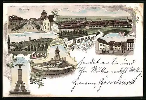 Lithographie Artern, Marktplatz, Sachsenburg, Kriegerdenkmal und Kyffhäuser Denkmal