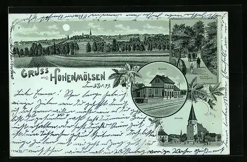 Mondschein-Lithographie Hohenmölsen, Totalansicht, Kaisergarten, Bahnhof und Altmarkt