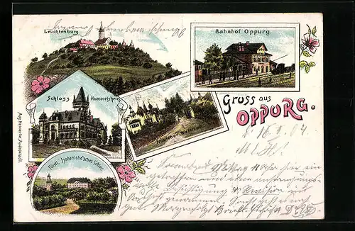 Lithographie Oppurg, Leuchtenburg, Schloss Hummelshein, Fürstl. Hohenlohe`sches Schloss, Bahnhof