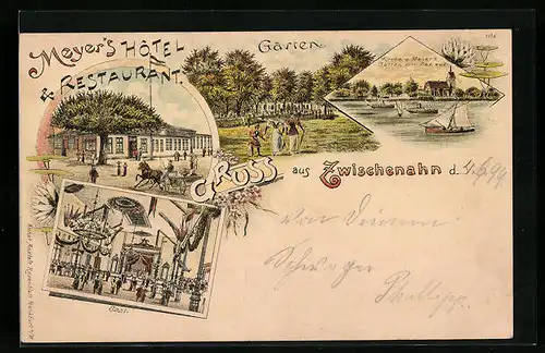 Lithographie Zwischenahn, Meyer`s Hotel und Restaurant mit Garten, Innenansicht des Tanzsaals