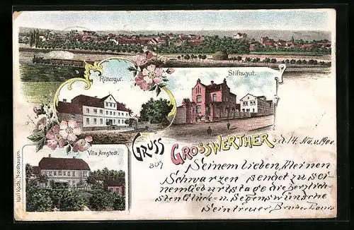 Lithographie Grosswerther, Totalansicht, Rittergut, Stiftsgut und Villa Arnstedt