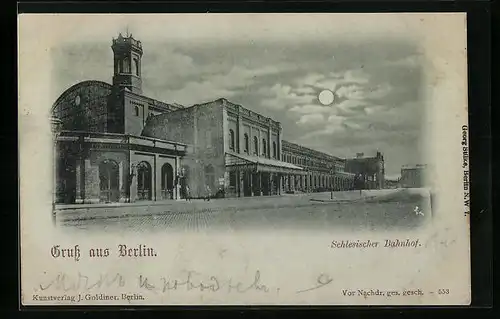 Mondschein-AK Berlin-Friedrichshain, Strassenpartie am Schlesischen Bahnhof