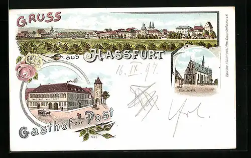Lithographie Hassfurt, Gasthof zur Post, Ritter-Kapelle, Totalansicht