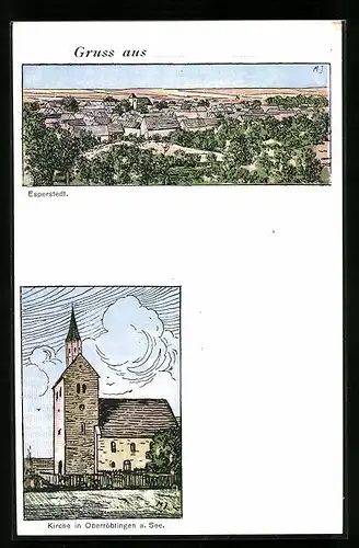 Künstler-AK Esperstedt, Totalansicht, Kirche in Oberröblingen a. See