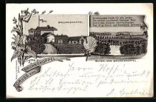 Vorläufer-Lithographie Bruhnskoppel, 1894, Gasthaus mit Landschaftspanorama der Holsteinischen Schweiz