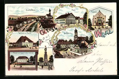 Lithographie Waal, Gasthaus zur Krone, Post, Markt, Theater und Mariensäule