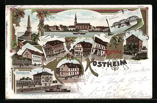 Lithographie Kostheim, Kriegerdenkmal, Gasthaus zum Adler, Hotel Rheinischer Hof, Mainbrücke