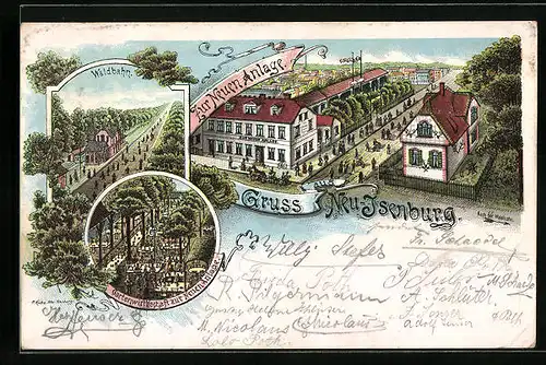 Lithographie Neu-Isenburg, Gasthaus zur neuen Anlage, Waldbahn