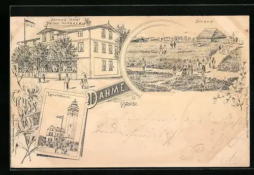 Lithographie Dahme i. Holst., Strand-Hotel v. Heinr. Kitzerau, Strand, Leuchtturm