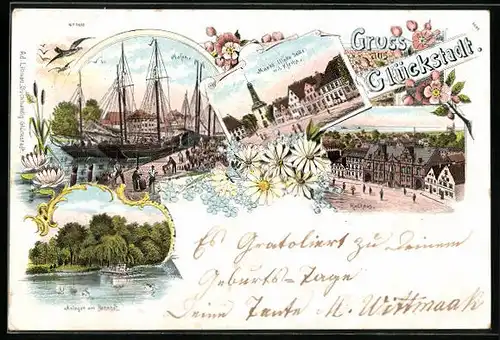 Lithographie Glückstadt, Hafenpartie mit Rathaus