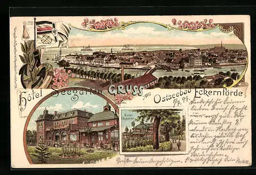 Lithographie Eckernförde, Totalansicht mit Hotel Seegarten