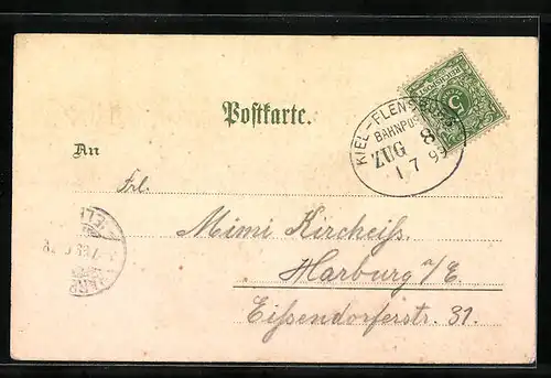 Lithographie Eckernförde, Totalansicht mit Hotel Seegarten