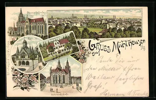 Lithographie Mühlhausen i. Th., Gesamtansicht mit Gasthaus Weisses Haus