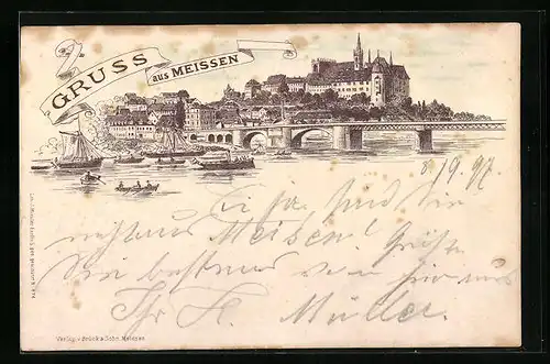 Lithographie Meissen, Totalansicht mit Flusspartie, früher Druck