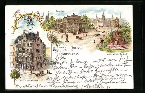 Lithographie Frankfurt a. M., Restaurant Buerose mit Opernhaus und Kaiser Wilhelm Denkmal