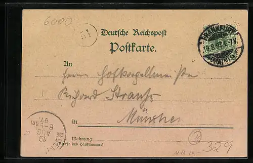 Lithographie Frankfurt a. M., Restaurant Buerose mit Opernhaus und Kaiser Wilhelm Denkmal