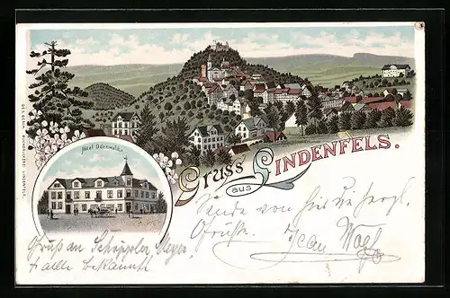 Lithographie Lindenfels, Totalansicht mit Hotel Odenwald