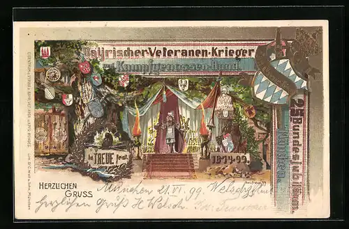 Lithographie München, Bayer.-Veteranen-Krieger und Kampfgenossen-Bund, Bundesjubiläum mit Wappen und Krone