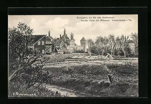 Künstler-AK Otto Thomasczek: Langensalza i. Thür., Rundgang um die alte Stadtmauer, Weisser Turm mit Mälzerei