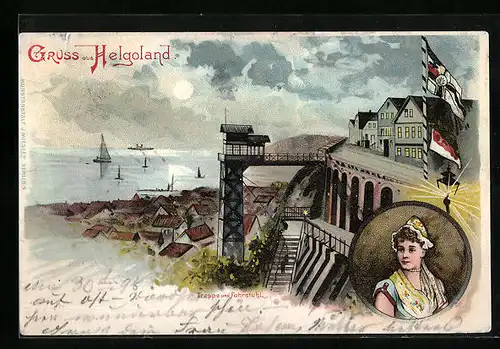 Lithographie Helgoland, Treppe und Fahrstuhl