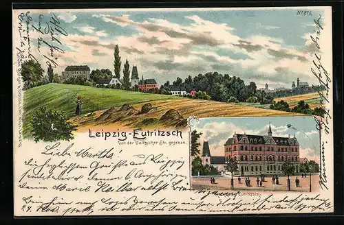Lithographie Leipzig-Eutritzsch, Rathaus, Ortsansicht von der Delitscher Strasse aus
