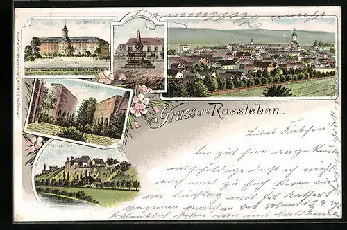 Lithographie Rossleben, Kriegerdenkmal, Kloster, Wendelstein