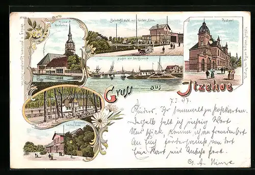 Lithographie Itzehoe, Bahnhofs-Hotel, Rönfelds Gasthof Sude, Hafen mit Werft