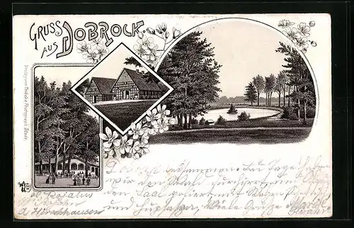 Vorläufer-Lithographie Dobrock, 1895, Gasthaus, Fachwerkhäuser, Garten mit Teich