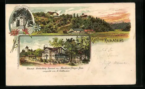 Lithographie München-Harlaching, Gasthaus von A. Sedlmaier, Lorrain-Denkmal
