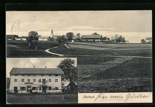 AK Oberbuch / Tyrlaching, Gasthaus, Blick über Wiesen auf das Dorf