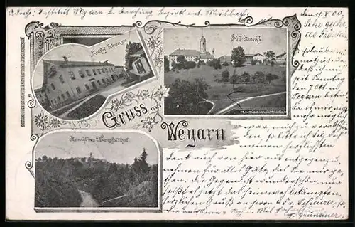 AK Weyarn, Gasthof Schweiger, Teilansicht mit Kirche