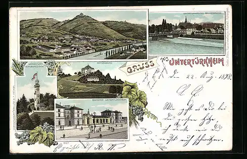 Lithographie Untertürkheim, Bahnhof, Kernenturm Schurwald, Neckarbrücke