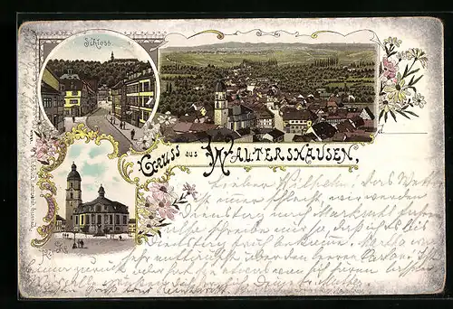 Lithographie Waltershausen, Schloss, Kirche, Teilansicht aus der Vogelschau